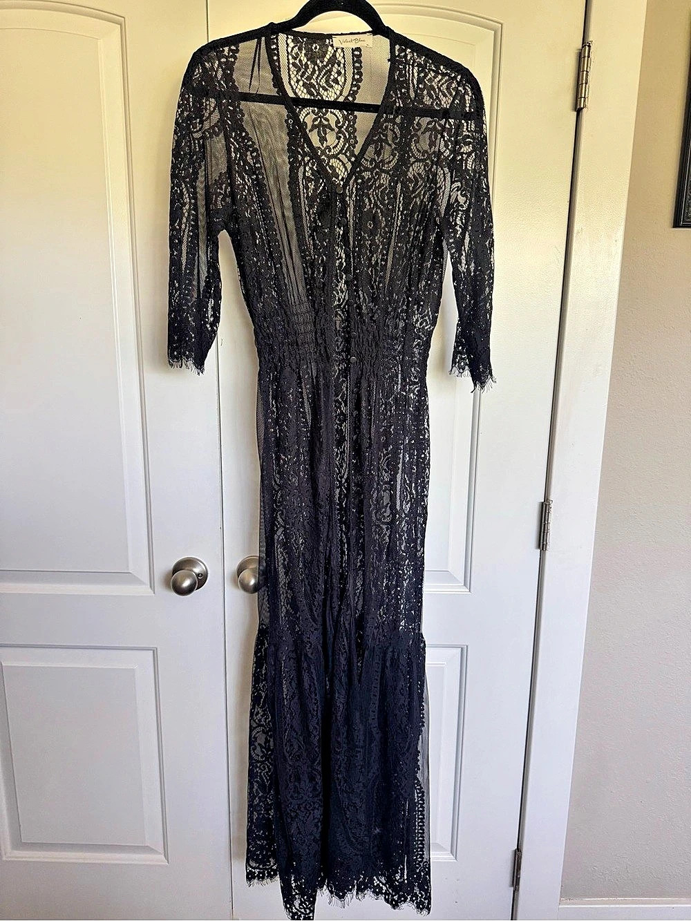 Velvet Blue Black Lace Maxi Dress Size M/L